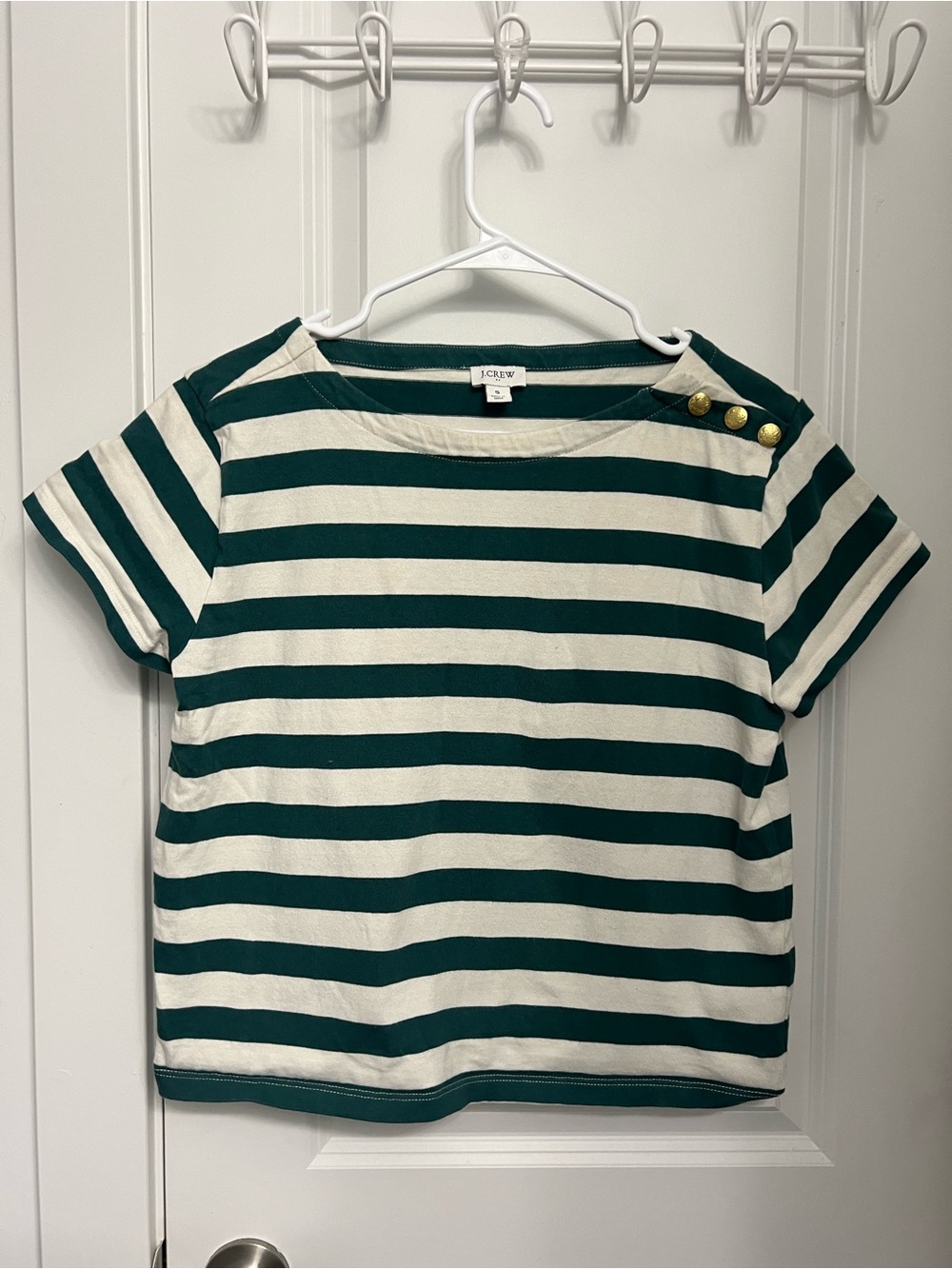 J. Crew Teal and Cream Striped Button-Shoulder Top